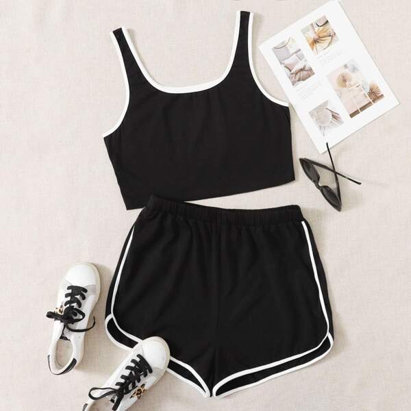 

Plus Ringer Tank Top & Track Shorts Set, Black