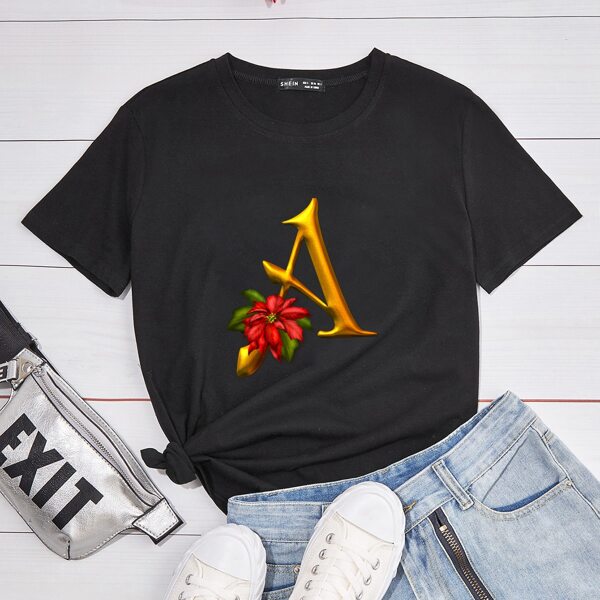 

Letter & Floral Print Tee, Black