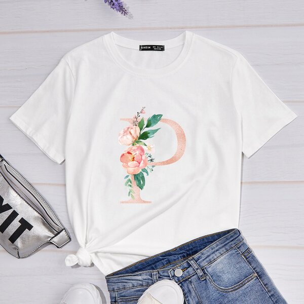 

Letter & Floral Print Tee, White