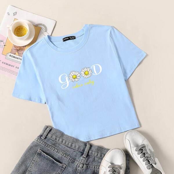 

Letter & Floral Print Tee, Pastel baby blue