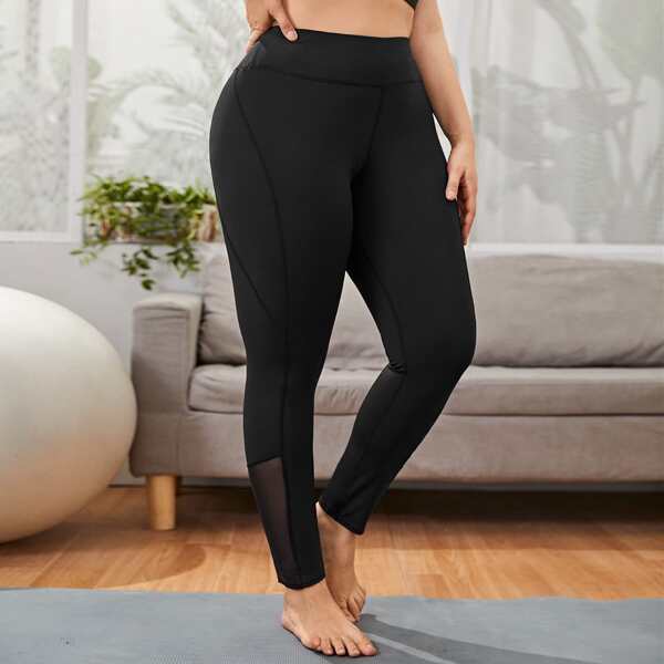 

Plus Contrast Mesh Sports Leggings, Black