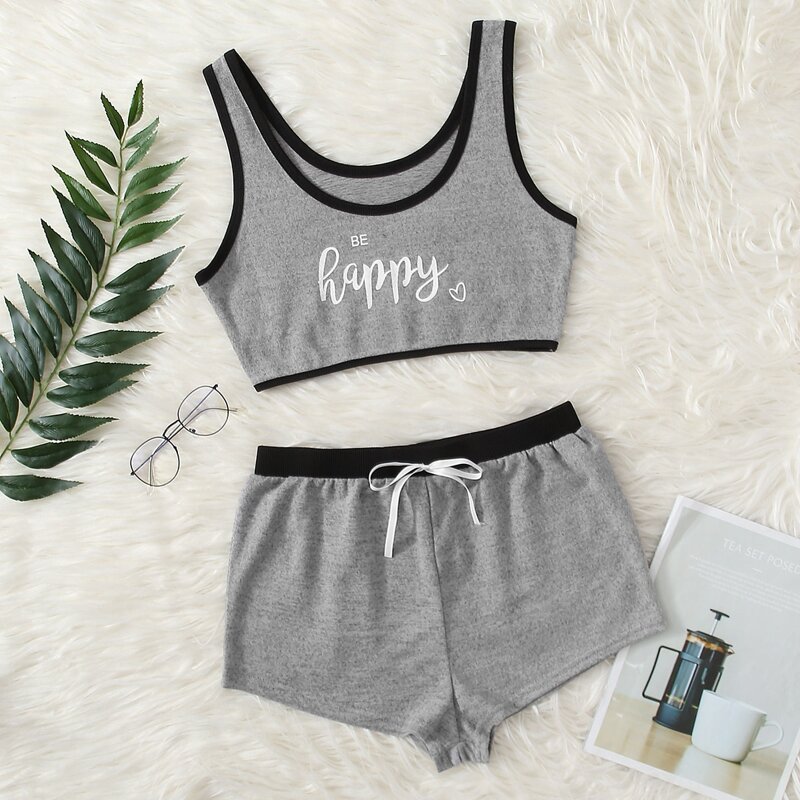 

Contrast Binding Slogan Graphic Pajama Set, Grey