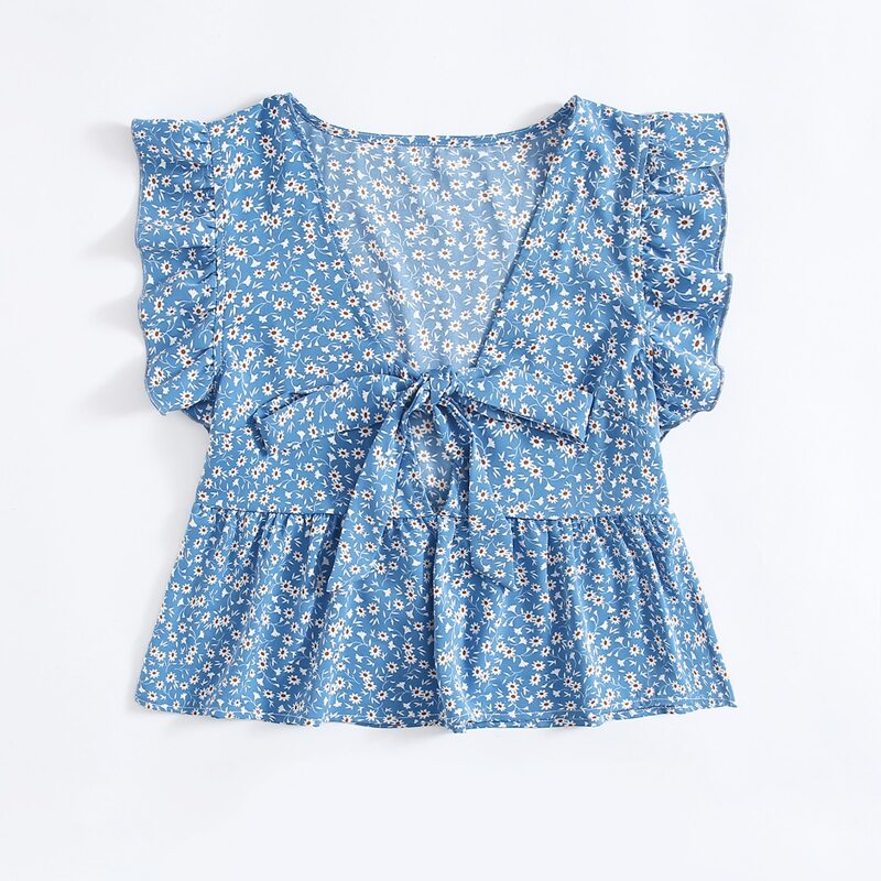 

Ditsy Flower Tie Front Ruffle Blouse, Blue