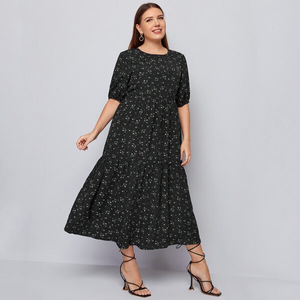 

Plus Ditsy Floral Bishop Sleeve Babydoll Dress, Black