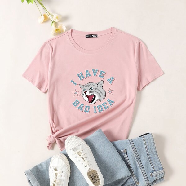 

Cat & Slogan Graphic Tee, Pastel baby pink