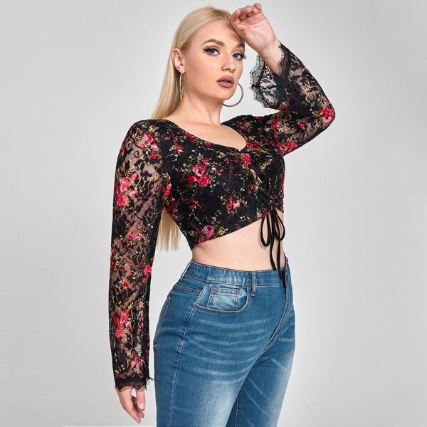 

Plus Floral Pattern Lace Up Front Top, Multicolor