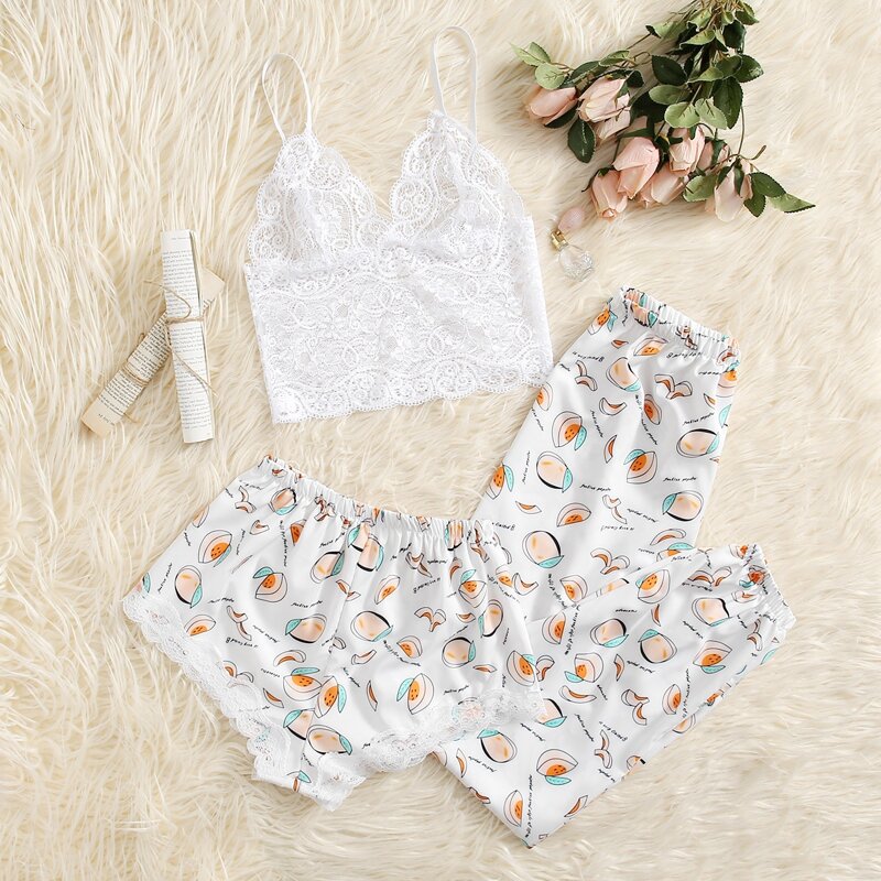 

3pack Floral Lace Fruit Print Satin Lingerie Set, White
