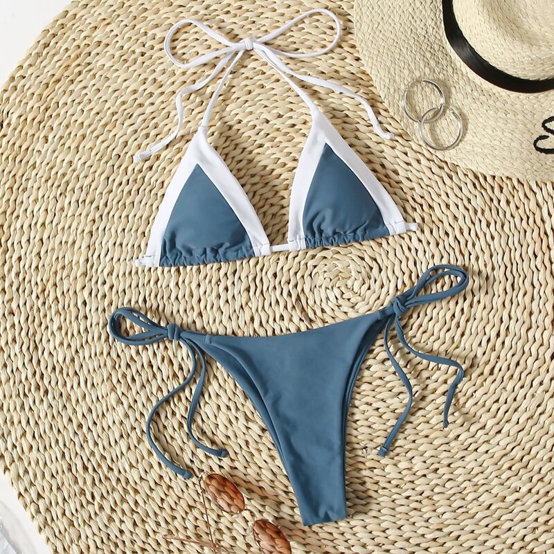 

Contrast Binding Triangle Bikini Swimsuit, Multicolor