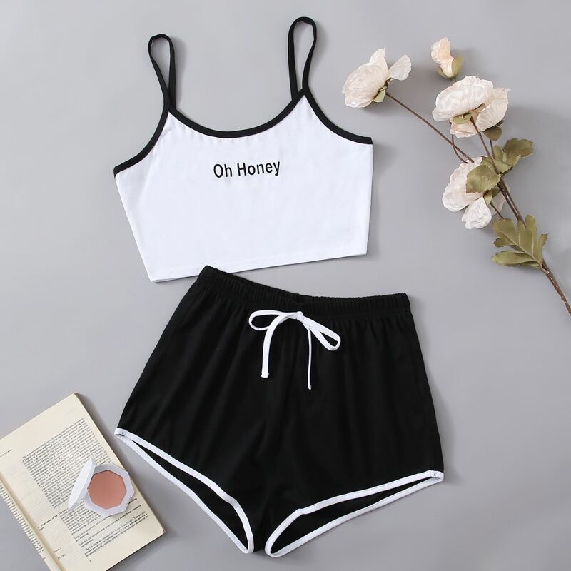 

Letter Print Ringer Cami PJ Set, Black and white