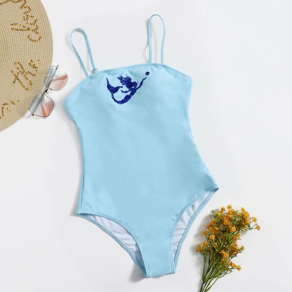 

Контрастные блестки Мультяшный принт Повседневный слитный, Нежно-голубой