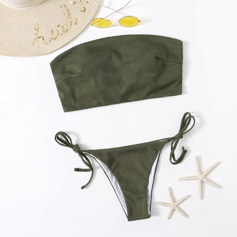 

Solid Tie Side Bikini Swimsuit, Army green