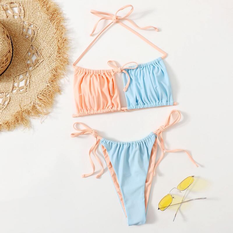 

Colorblock Ruched Tie Side Bikini Swimsuit, Multicolor