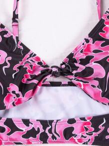 Summer Allover Print Cut-Out Bikini Set & Beach Skirt - Multicolor - View 4