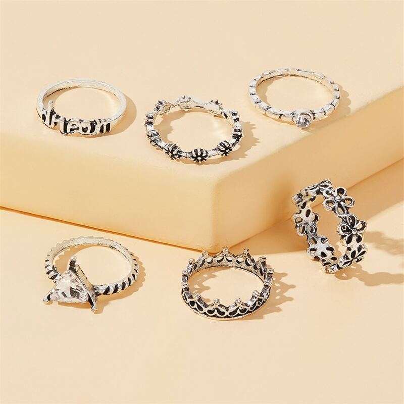 

6pcs Rhinestone Floral Ring, Silver