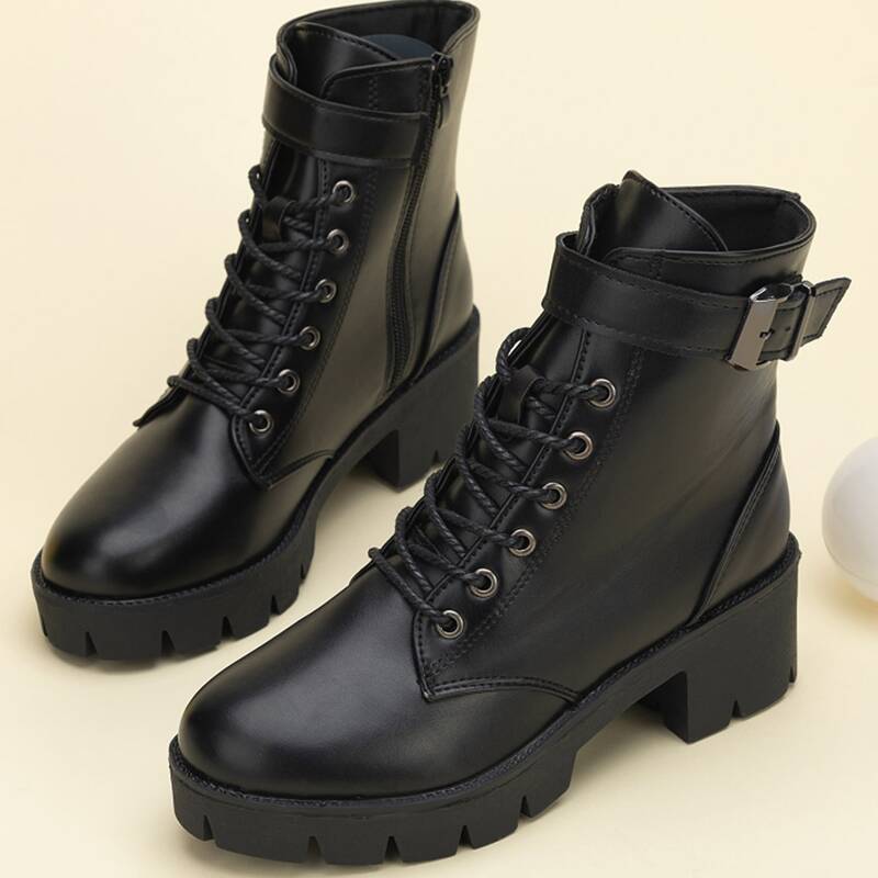 

Buckle Lace-up Block Heeled Combat Boots, Black