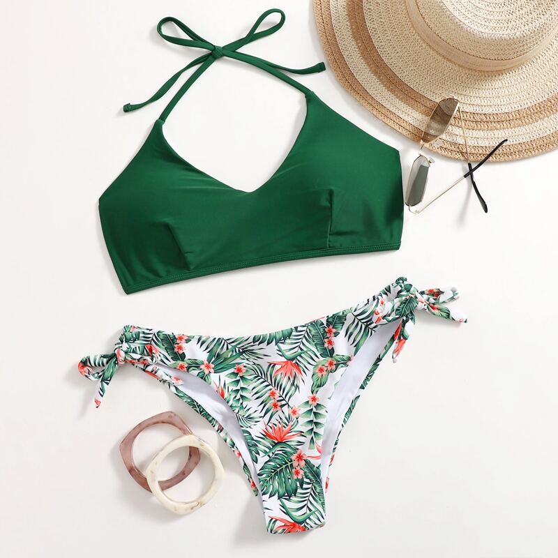 

Leaf Print Lace-up Bikini Swimsuit, Green