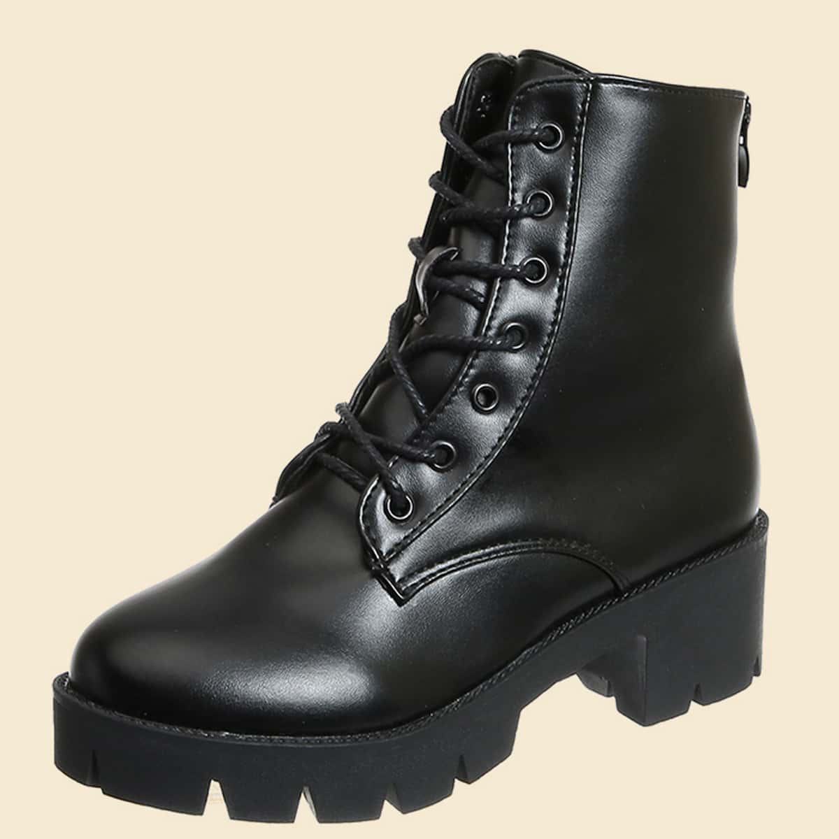 

Lace-up Block Heeled Combat Boots, Black