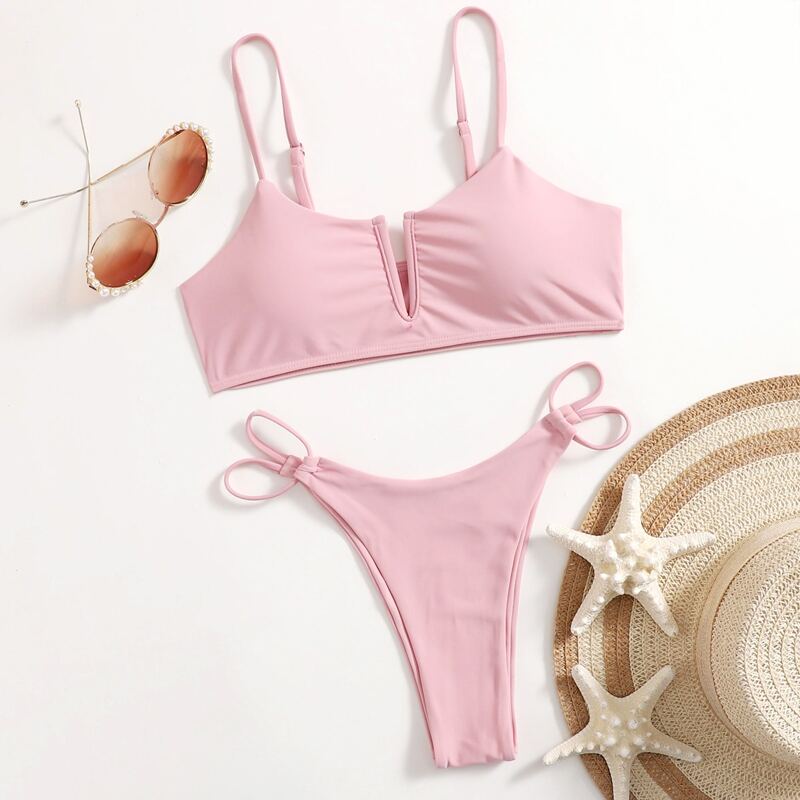 

Solid V-wired Bikini Swimsuit, Pink