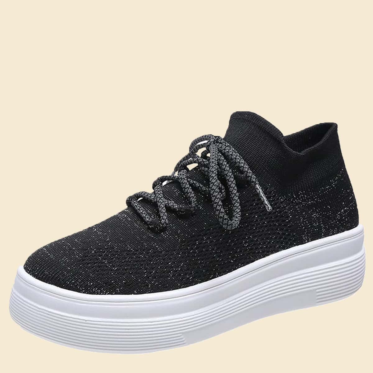 

Solid Lace-up Knit Skate Shoes, Black