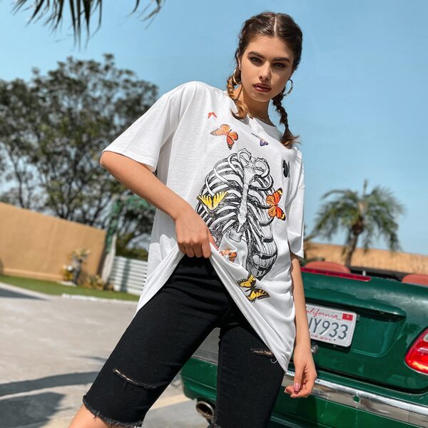 

Butterfly & Skull Print Oversized Tee, White