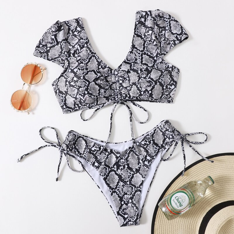 

Snakeskin Print Drawstring Bikini Swimsuit, Black and white