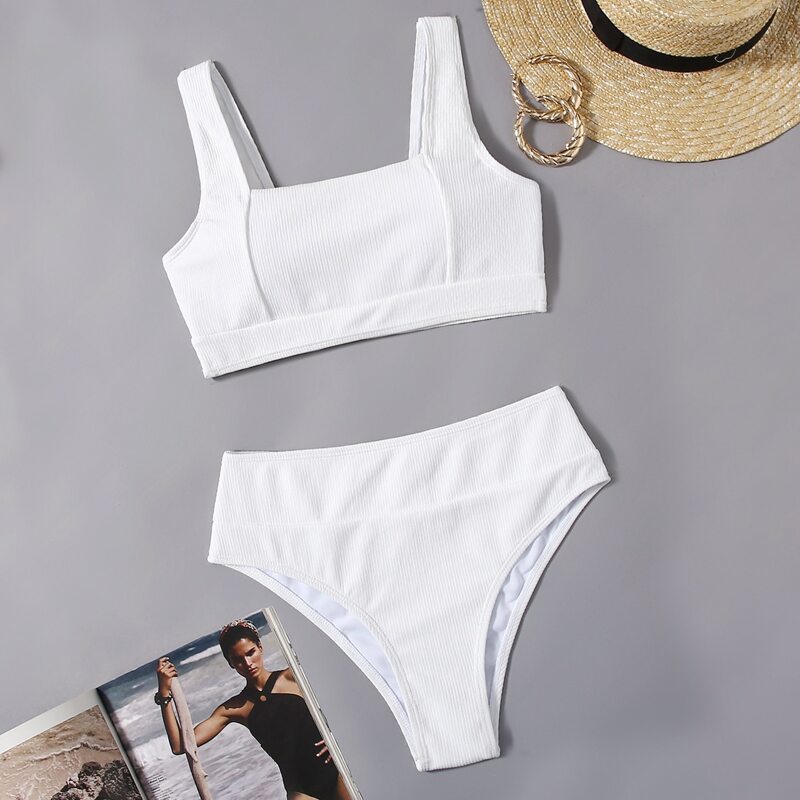 Ribbed High Waist Bikini Swimsuit, White