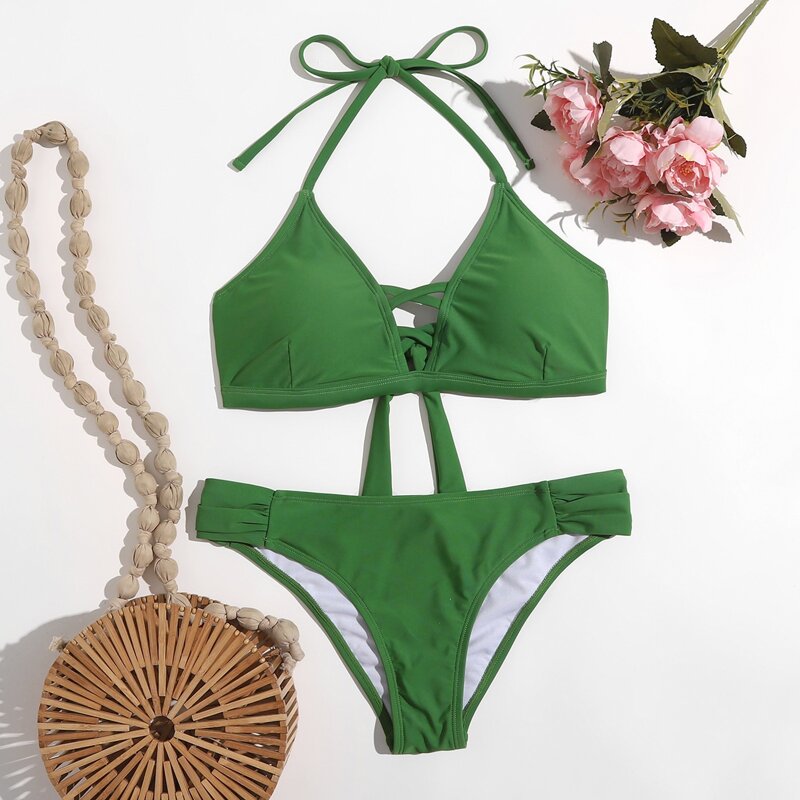 

Crisscross Detail Halter Bikini Swimsuit, Green