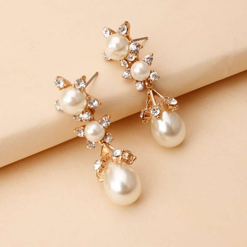 

Faux Pearl & Rhinestone Drop Earrings, White
