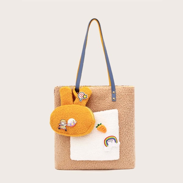 

Girls Cartoon Decor Tote Bag With Pocket, Multicolor
