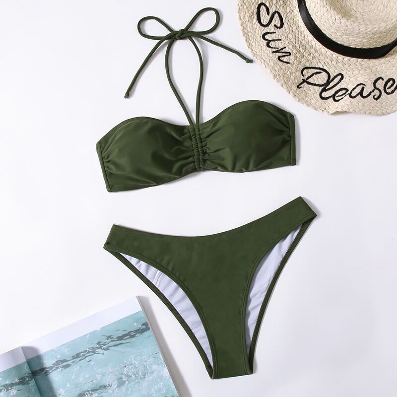 

Drawstring Front Halter Bikini Swimsuit, Army green