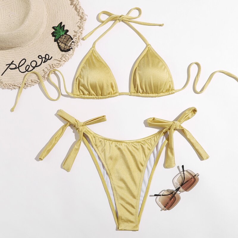 

Triangle Tie Side Bikini Swimsuit, Gold