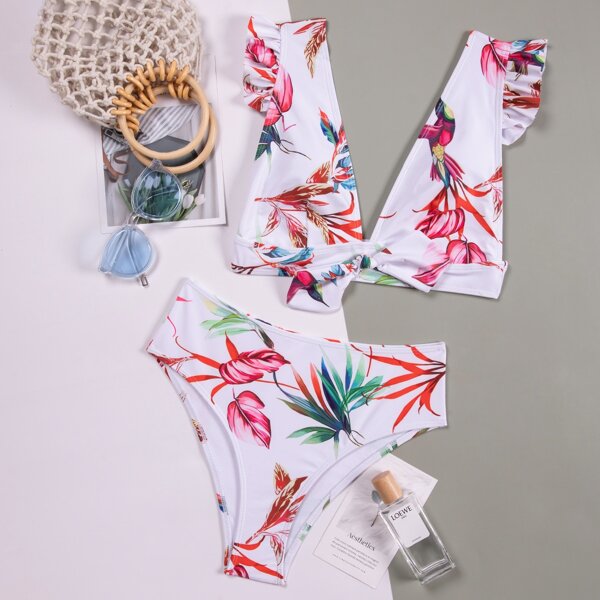 

Random Plant Print Ruffle Bikini Swimsuit, Multicolor