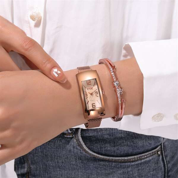 

1pc Mesh Strap Rectangle Quartz Watch & 1pc Bracelet