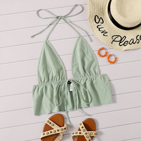 

Self-Tie Halter Flounce Crop Top, Mint green