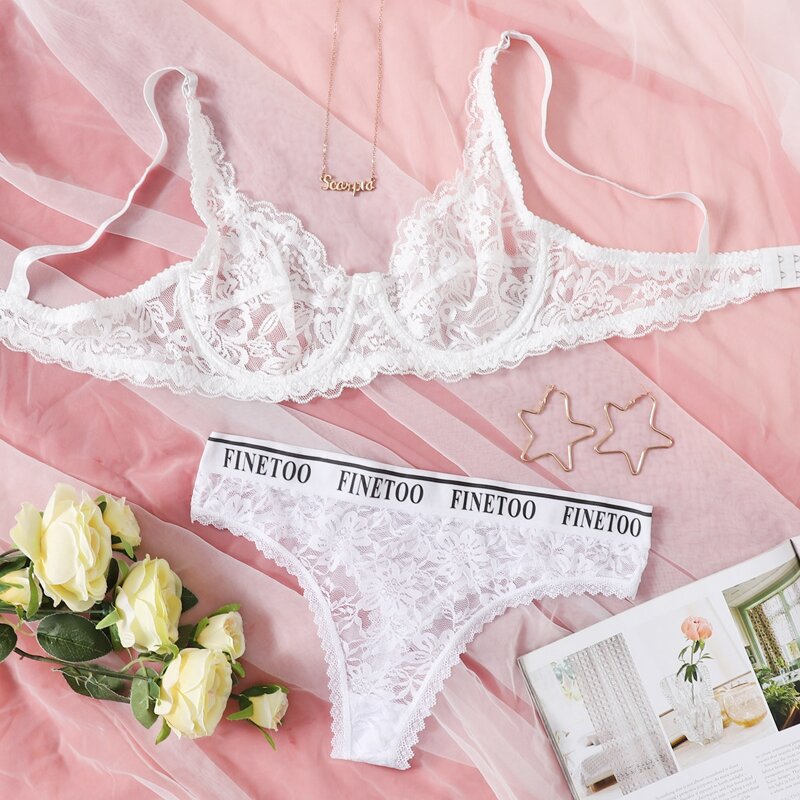 

Letter Tape Floral Lace Lingerie Set, White