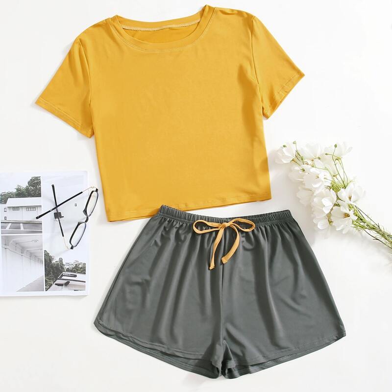 Two Tone Tie Front PJ Set, Yellow