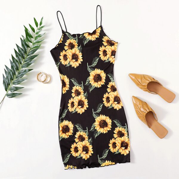 

Lettuce Trim Sunflower Print Bodycon Dress, Black