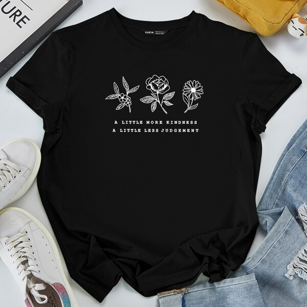 

Floral And Slogan Graphic Tee, Black