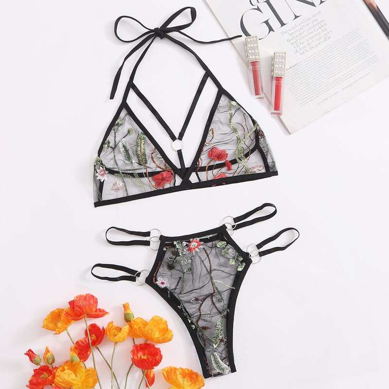 

Floral Embroidery Ring Decor Lingerie Set, Black