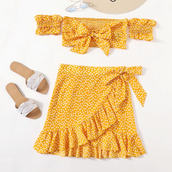 

Tie Front Shirred Ditsy Floral Bardot Top & Skirt Set, Mustard yellow