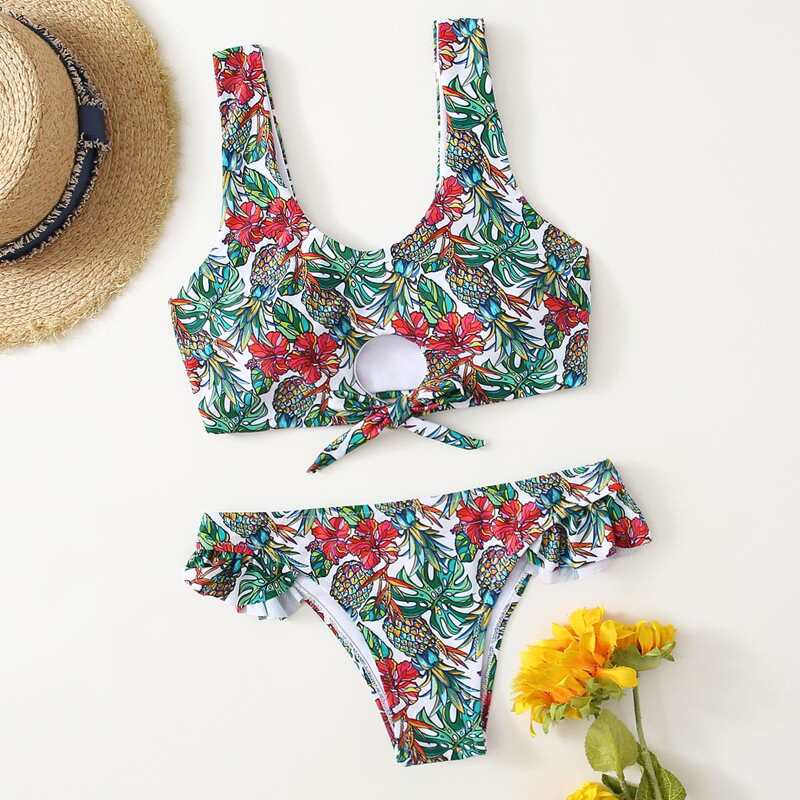 

Floral & Pineapple Ruffle Bikini Swimsuit, Multicolor