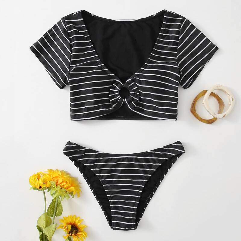

Stripe Ring Decor Bikini Swimsuit, Black