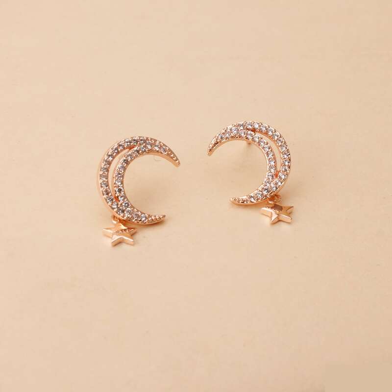 

Rhinestone Moon & Star Stud Earrings, Rose gold