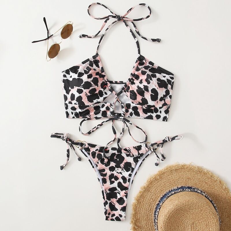 

Leopard Lace-up Bikini Swimsuit, Multicolor