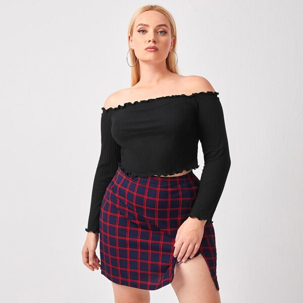 

Plus Off Shoulder Lettuce Trim Crop Top & Split Hem Plaid Skirt Set, Multicolor