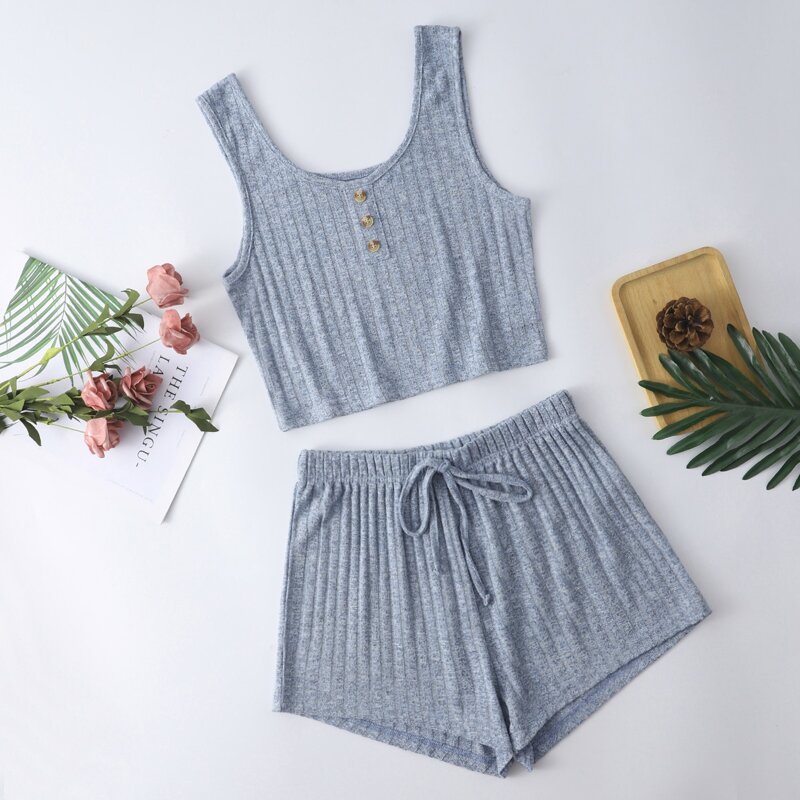 

Button Front Rib-knit Tank Top & Shorts Lounge Set, Dusty blue