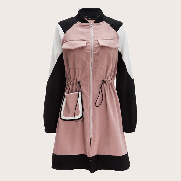 

Flap Pocket Front Drawstring Waist Colorblock Bomber Jacket, Dusty pink