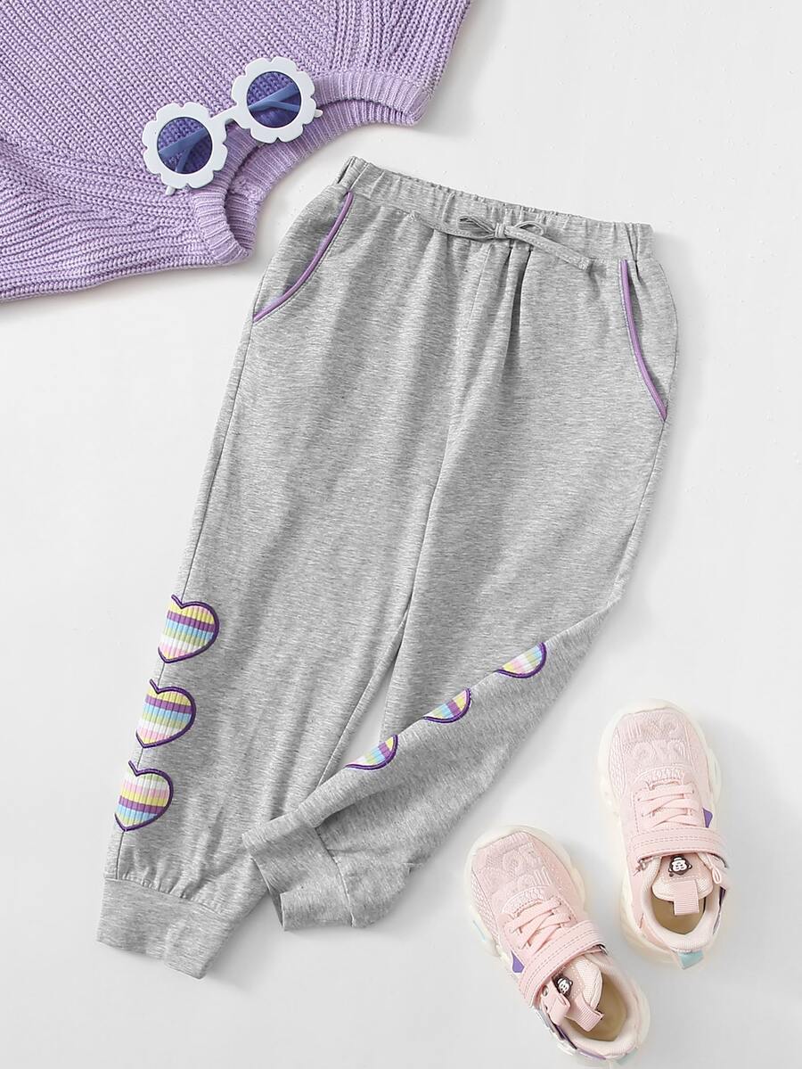 SHEIN Toddler Girls Knot Waist Heart Pattern Contrast Piping Trousers - Light Grey - View 1