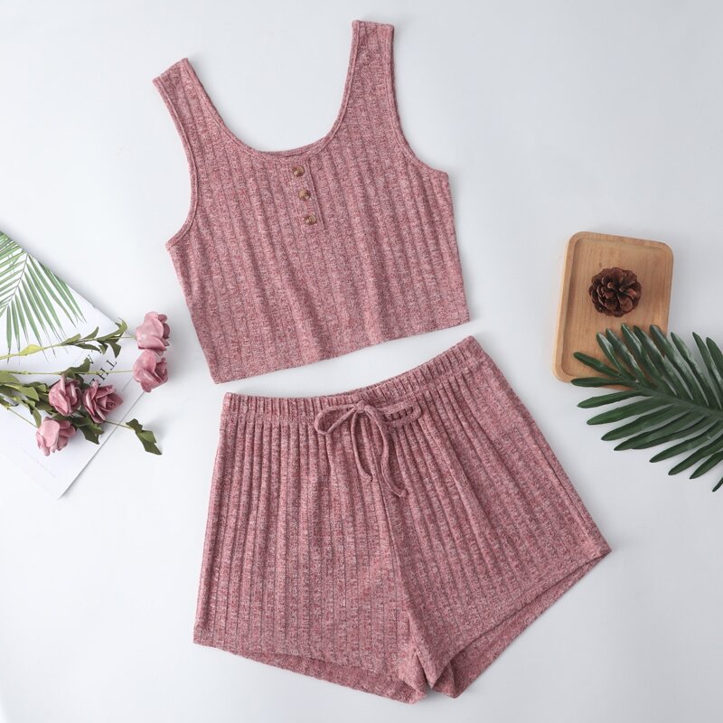 

Button Front Rib-knit Tank Top & Shorts Lounge Set, Dusty pink