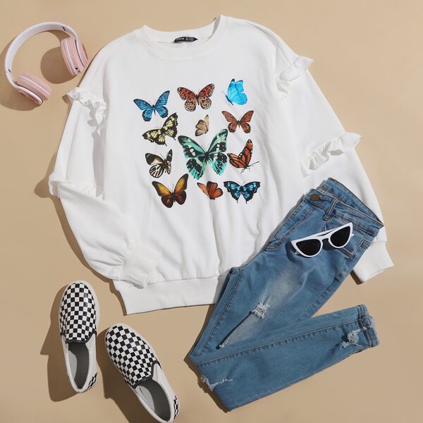 

Butterfly Print Frill Detail Pullover, White
